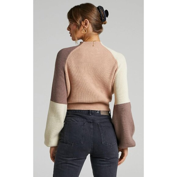 Women's Color Block Cropped Sweater Knitted Pullover Lantern Sleeve Casual - Picture 5 of 6